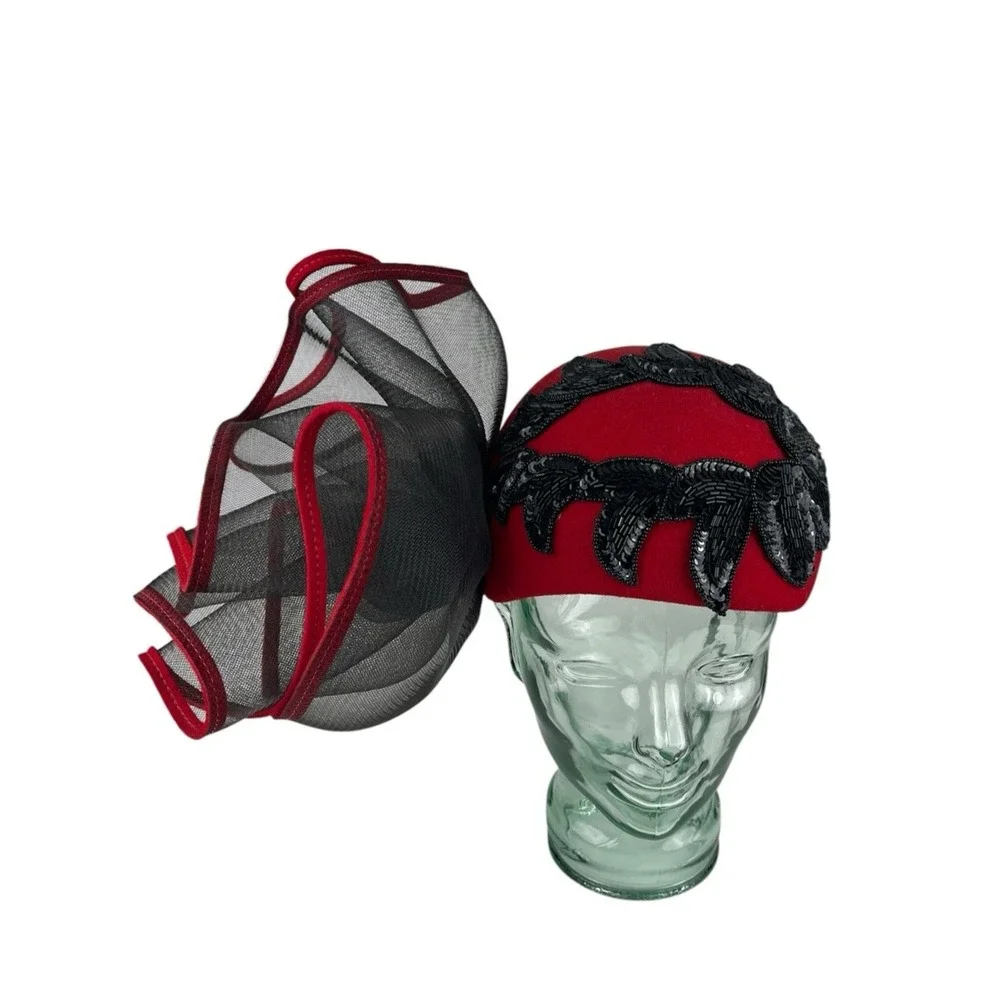 VINTAGE Red Black Fascinator Cocktail Hat Sequin Beaded Leaves Church Hat Wool